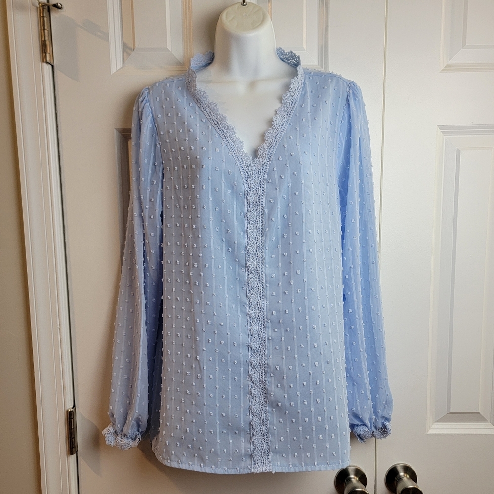 Grace Karin Baby Blue Longsleeve Thin Blouse Large - Picture 3 of 12